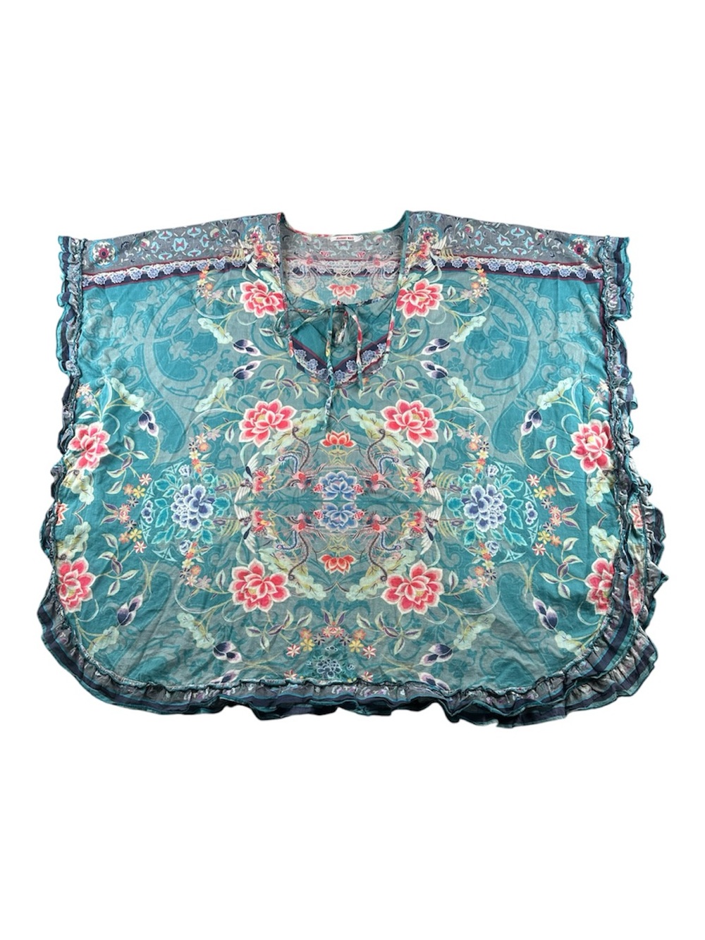 Johnny Was Teal Floral Poncho Blouse L Sheer Boho Oversized Artsy Tunic Top - Picture 3 of 11